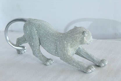 Silver Stretching Panther Resin Statue with Beaded Texture 15" x 4" x 6"H