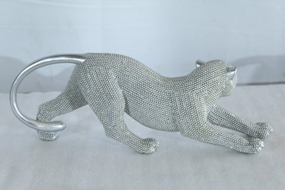 Silver Stretching Panther Resin Statue with Beaded Texture 15" x 4" x 6"H
