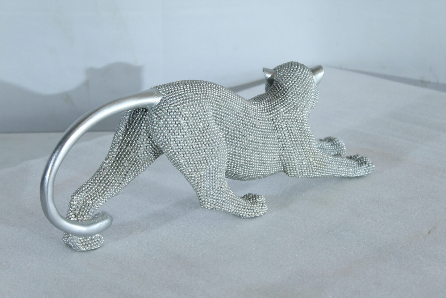 Silver Stretching Panther Resin Statue with Beaded Texture 15" x 4" x 6"H