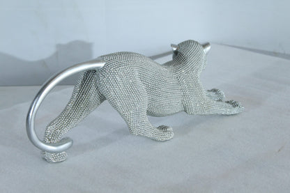 Silver Stretching Panther Resin Statue with Beaded Texture 15" x 4" x 6"H