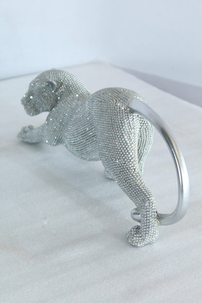 Silver Stretching Panther Resin Statue with Beaded Texture 15" x 4" x 6"H