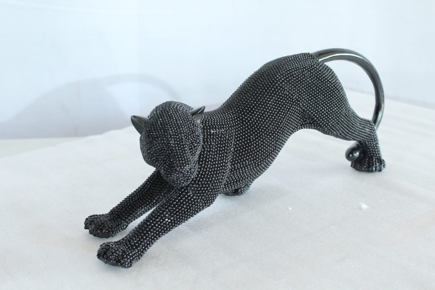 Stretching Panther Black Resin Sculpture With Bead Texture 15" x 4" x 6"H