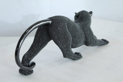 Stretching Panther Black Resin Sculpture With Bead Texture 15" x 4" x 6"H