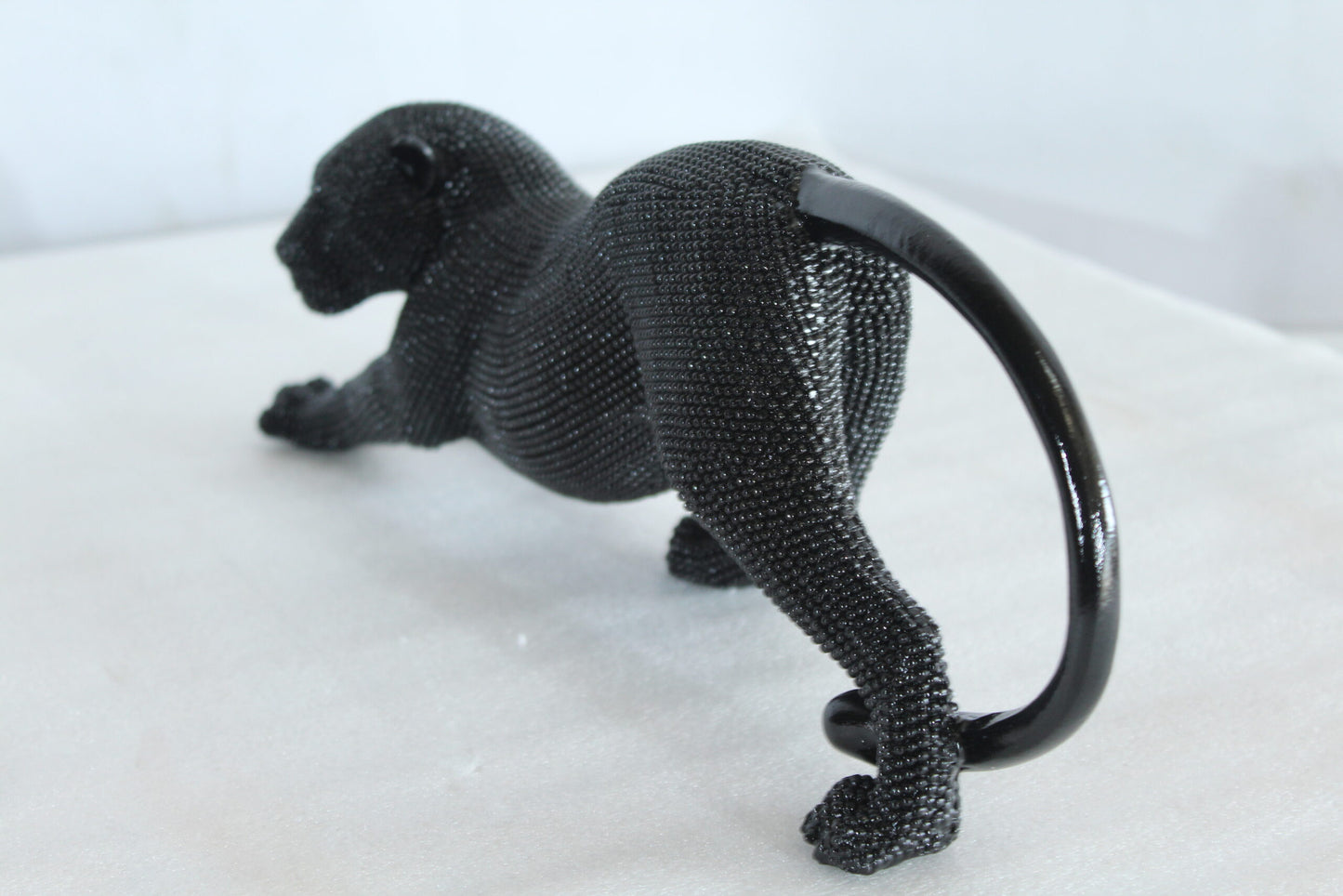 Stretching Panther Black Resin Sculpture With Bead Texture 15" x 4" x 6"H