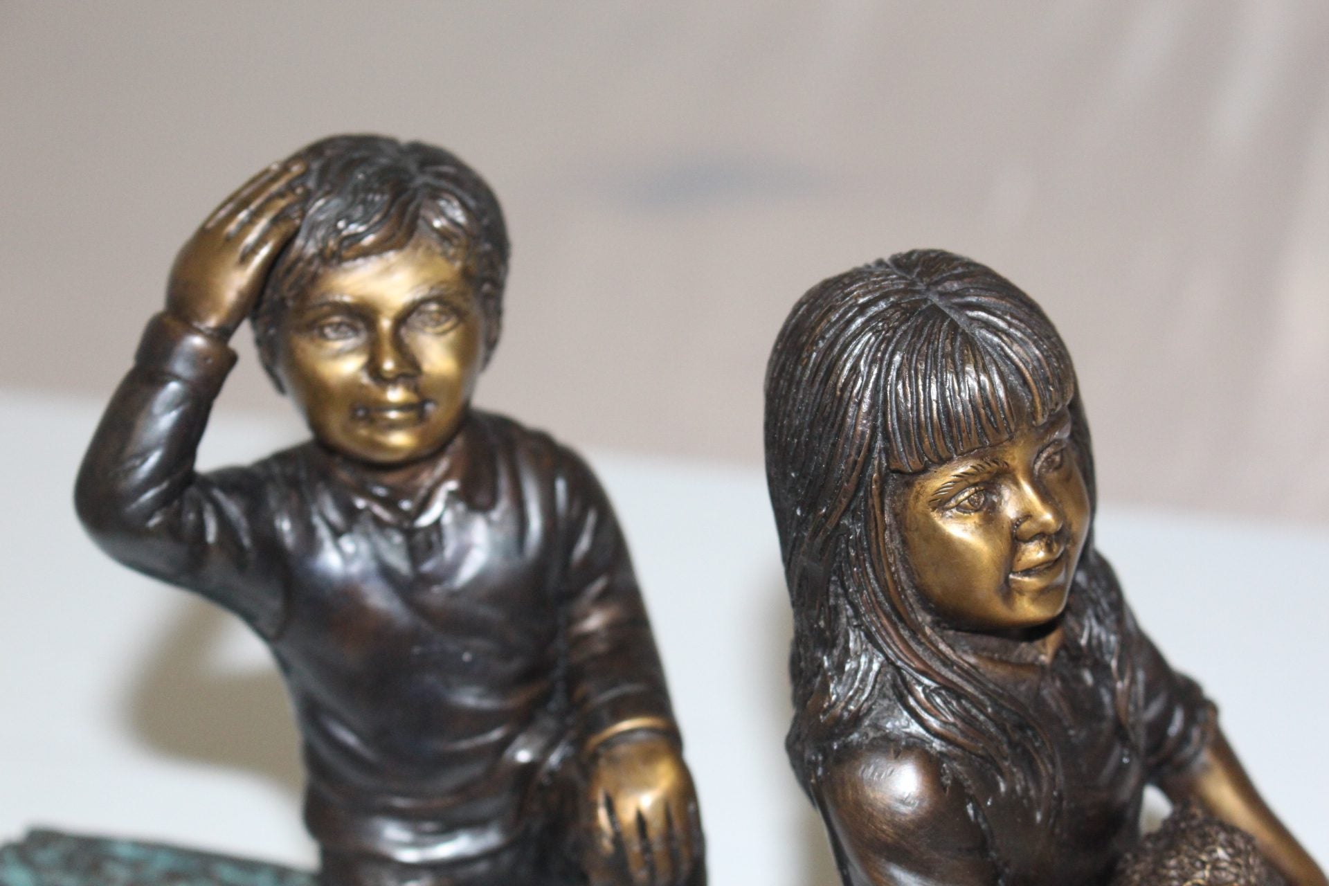 Two kids with dog on log Bronze Statue -  Size: 12"L x 5"W x 8.5"H. 