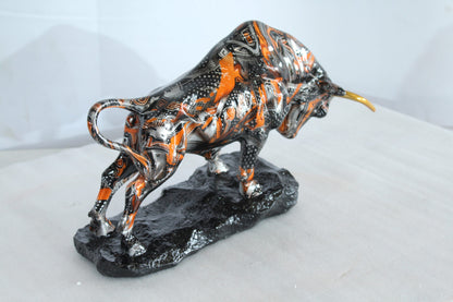 Abstract Resin Bull Statue in Orange and Black Urban Design 14" x 4" x 9"H
