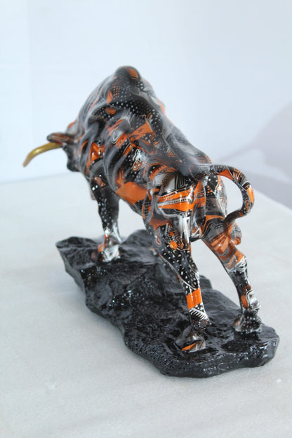 Abstract Resin Bull Statue in Orange and Black Urban Design 14" x 4" x 9"H