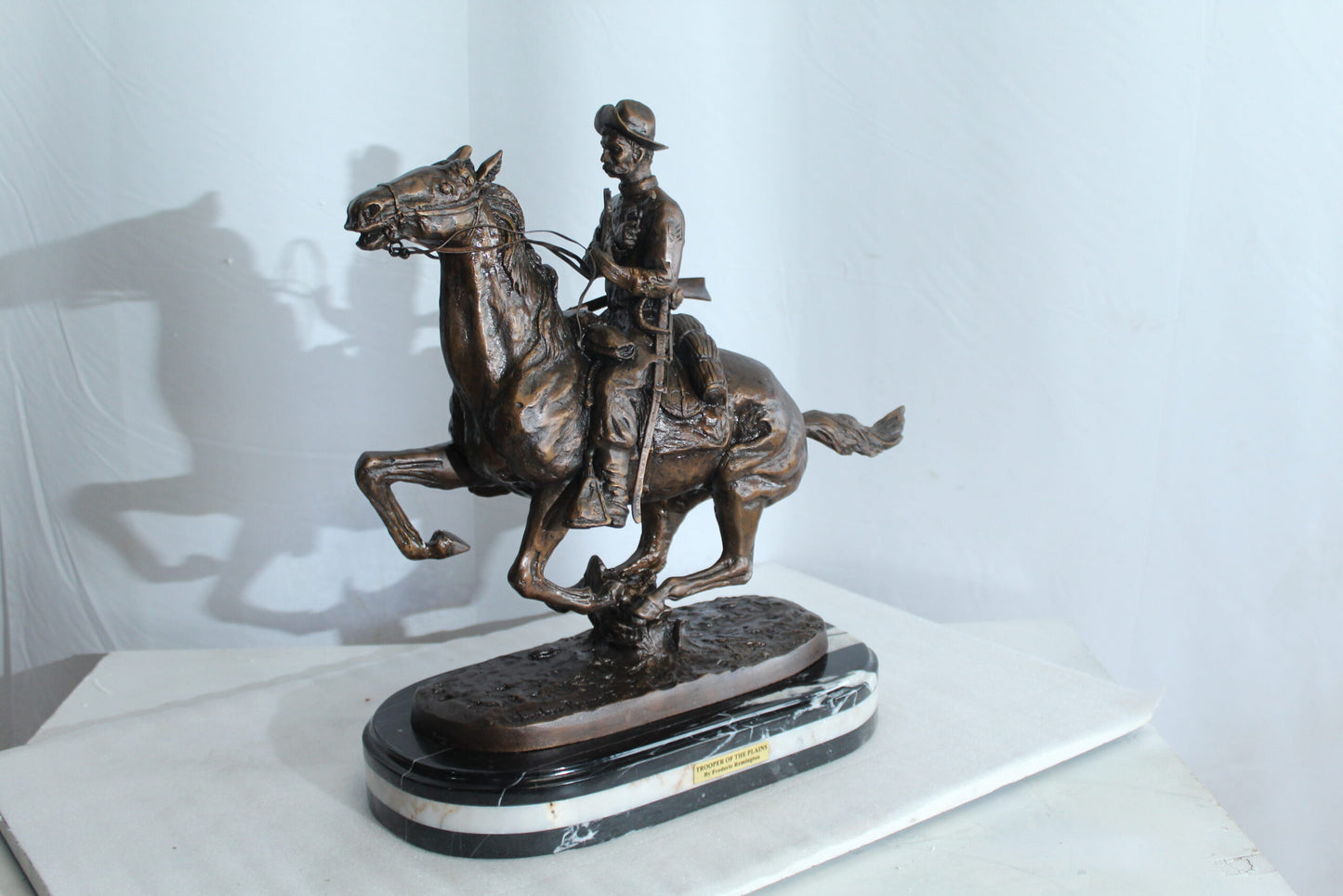 Nifao Remington Replica Trooper of The Plains Bronze Statue on Triple Marble Base - Western Cowboy Sculpture 21" x 8" x 22"H