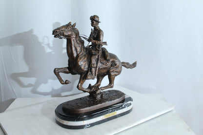 Nifao Remington Replica Trooper of The Plains Bronze Statue on Triple Marble Base - Western Cowboy Sculpture 21" x 8" x 22"H