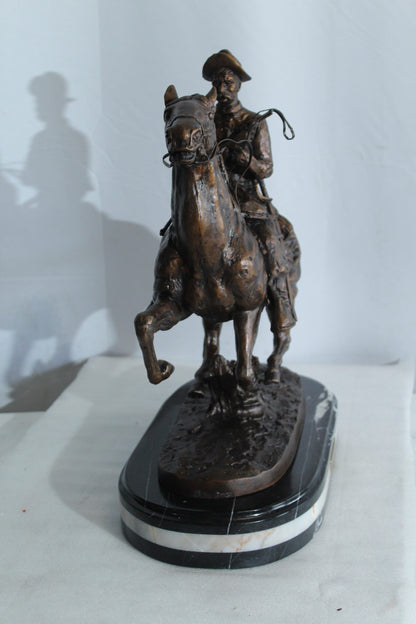 Nifao Remington Replica Trooper of The Plains Bronze Statue on Triple Marble Base - Western Cowboy Sculpture 21" x 8" x 22"H