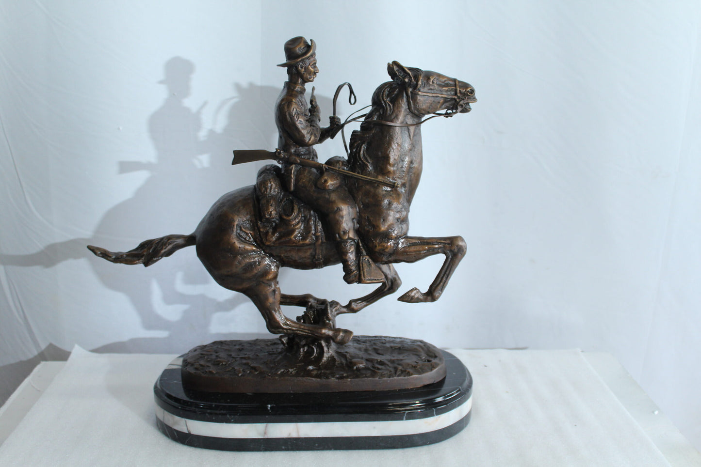 Nifao Remington Replica Trooper of The Plains Bronze Statue on Triple Marble Base - Western Cowboy Sculpture 21" x 8" x 22"H