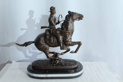 Nifao Remington Replica Trooper of The Plains Bronze Statue on Triple Marble Base - Western Cowboy Sculpture 21" x 8" x 22"H