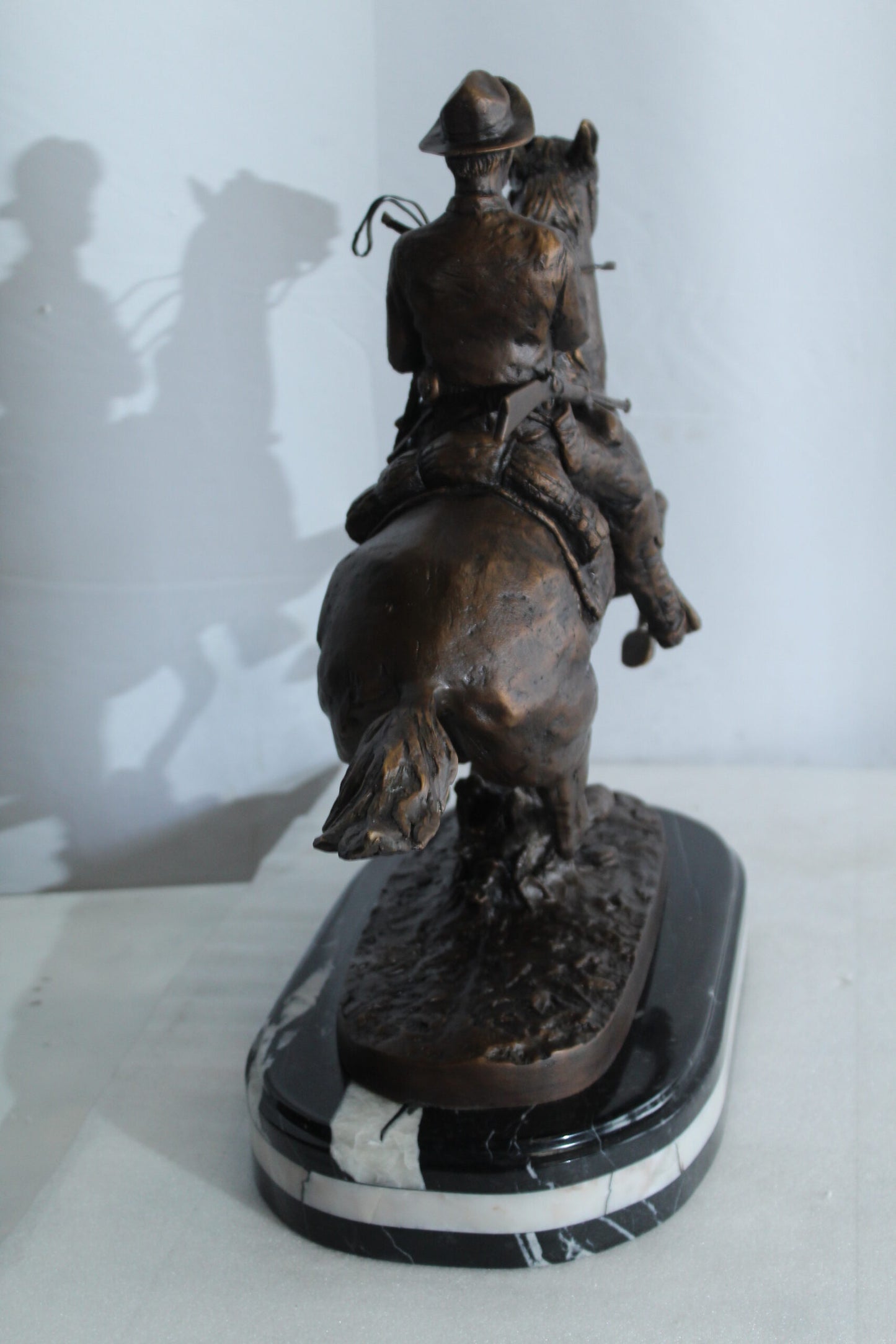 Nifao Remington Replica Trooper of The Plains Bronze Statue on Triple Marble Base - Western Cowboy Sculpture 21" x 8" x 22"H