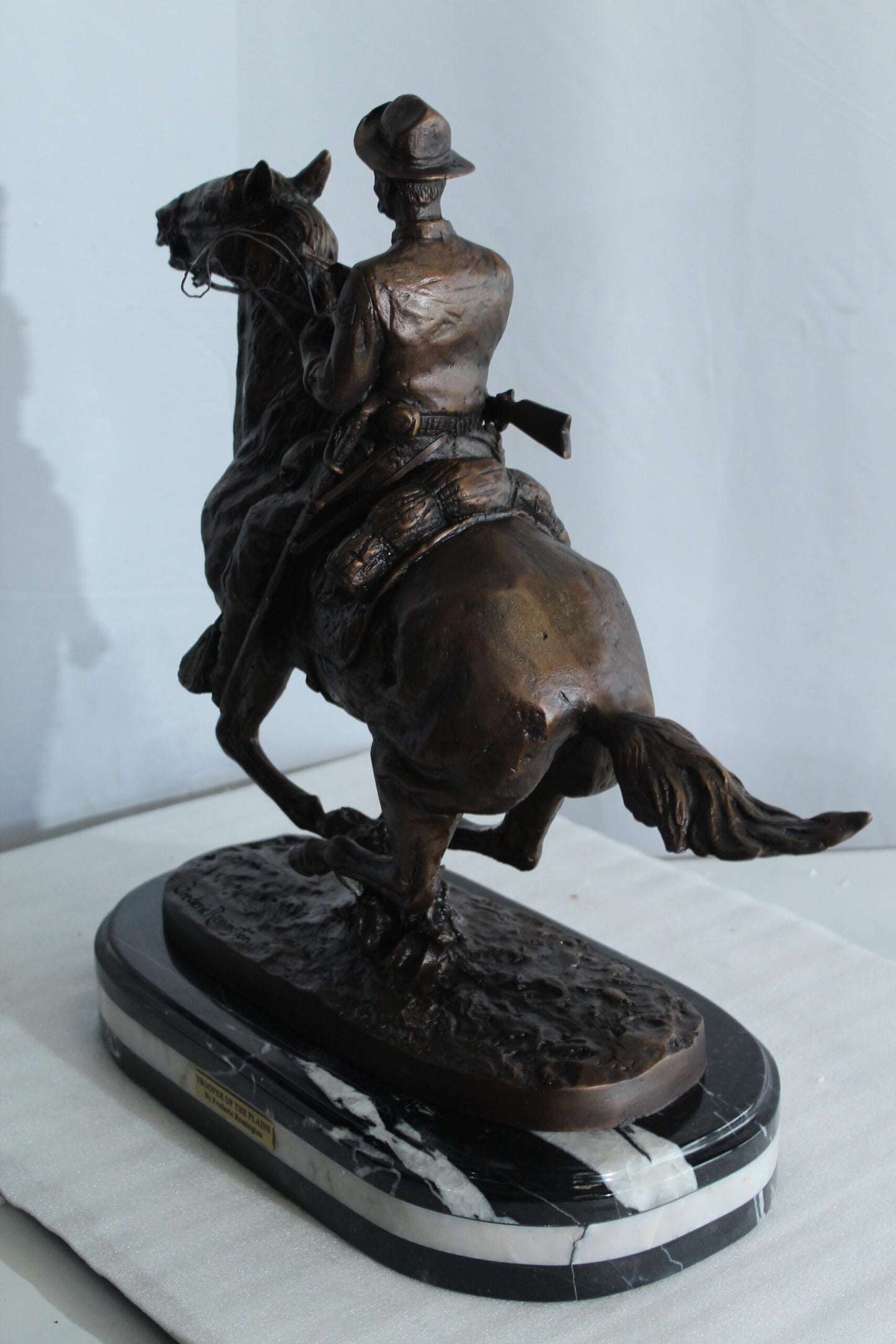 Nifao Remington Replica Trooper of The Plains Bronze Statue on Triple Marble Base - Western Cowboy Sculpture 21" x 8" x 22"H