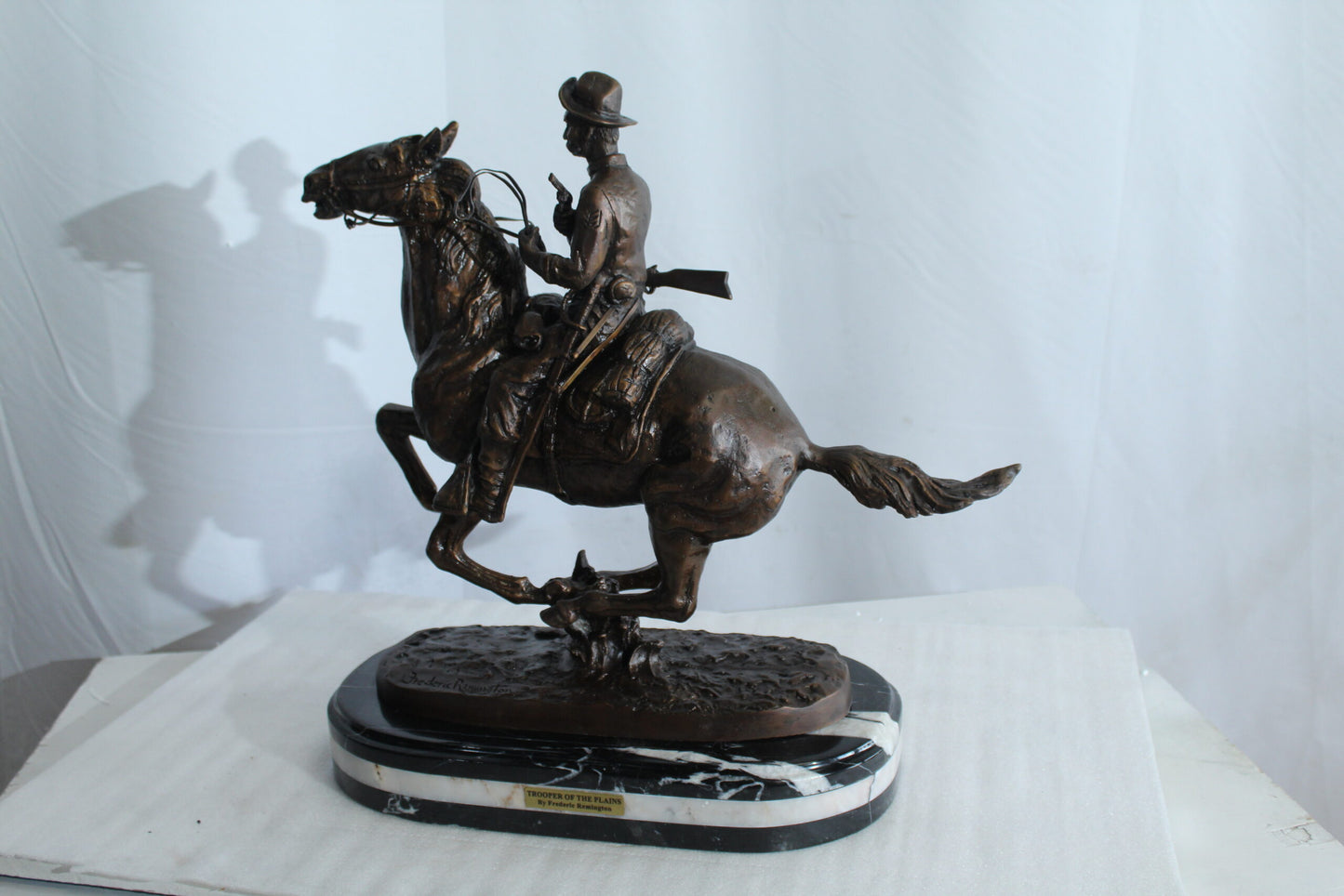 Nifao Remington Replica Trooper of The Plains Bronze Statue on Triple Marble Base - Western Cowboy Sculpture 21" x 8" x 22"H