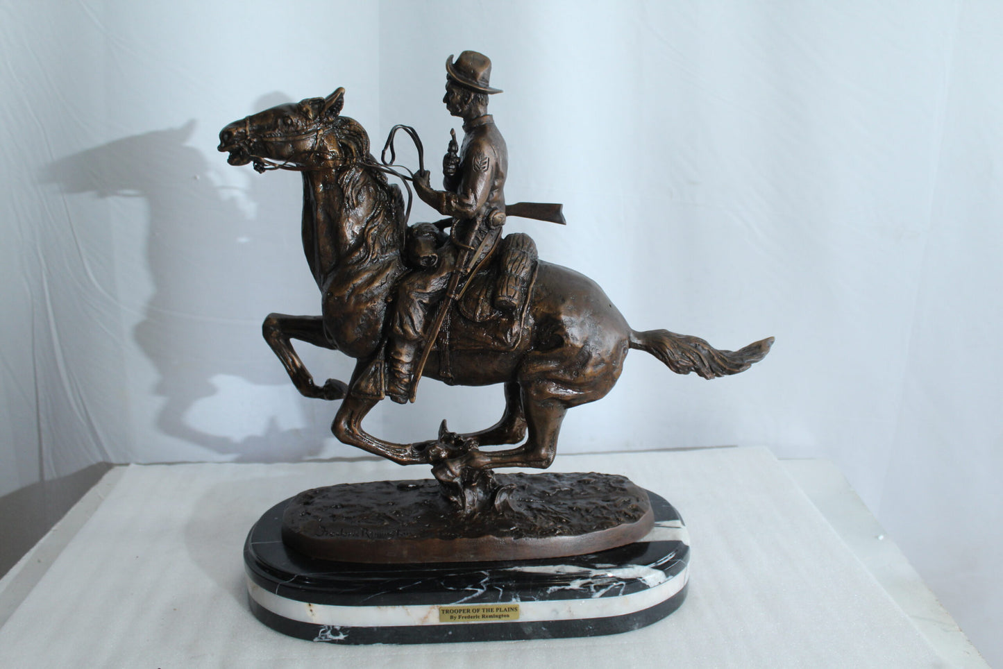 Nifao Remington Replica Trooper of The Plains Bronze Statue on Triple Marble Base - Western Cowboy Sculpture 21" x 8" x 22"H