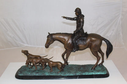 Hunter with 3 dogs Bronze Statue -  Size: 26"L x 8"W x 19"H. 