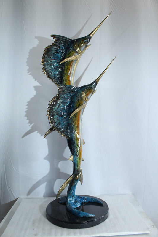Twin Sailfish Bronze Statue with Colorful Enamel Finish 17" x 17" x 56"H