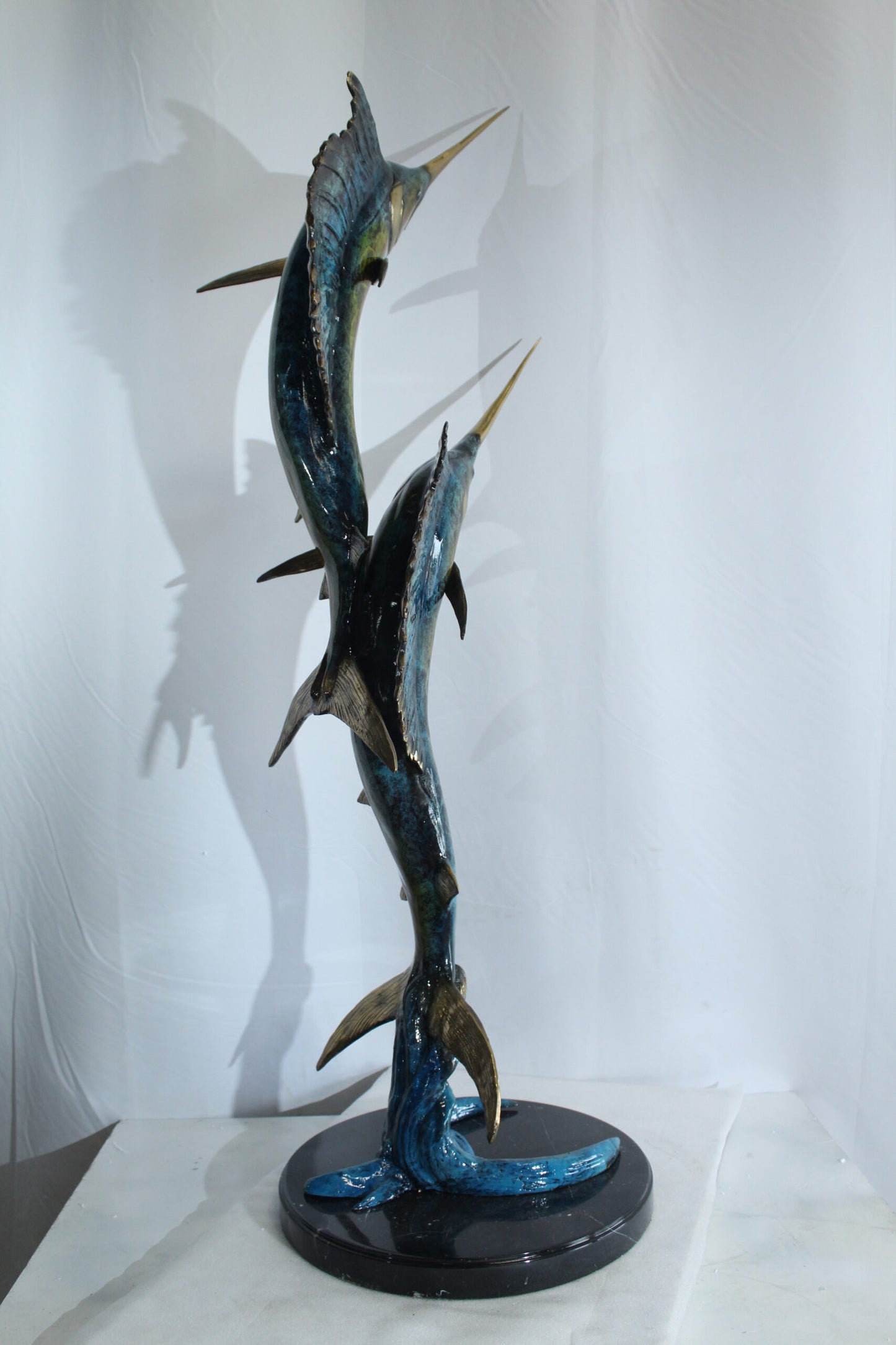Twin Sailfish Bronze Statue with Colorful Enamel Finish 17" x 17" x 56"H