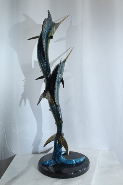 Twin Sailfish Bronze Statue with Colorful Enamel Finish 17" x 17" x 56"H