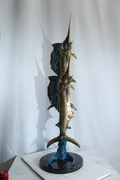 Twin Sailfish Bronze Statue with Colorful Enamel Finish 17" x 17" x 56"H
