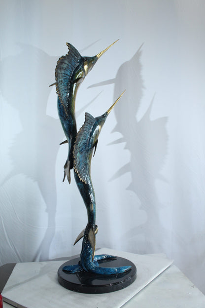 Twin Sailfish Bronze Statue with Colorful Enamel Finish 17" x 17" x 56"H