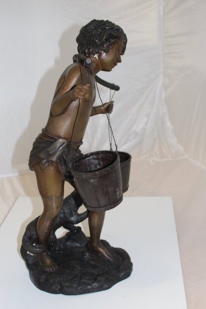 Boy with two buckets Bronze Statue -  Size: 14.5"L x 10"W x 23"H. 