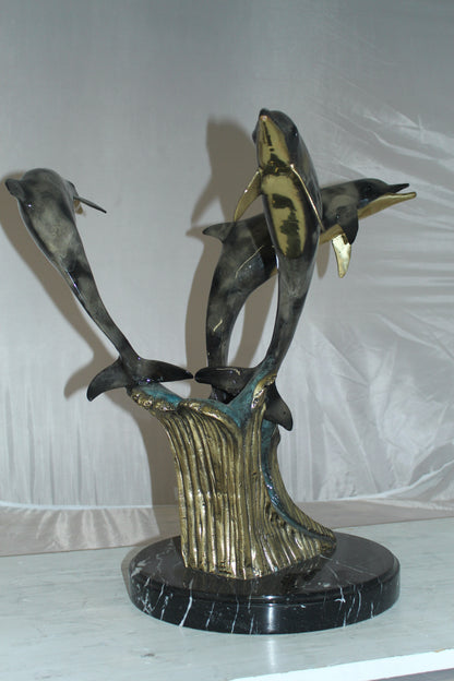 Three Dolphins Table Base Bronze Statue -  Size: 20"L x 20"W x 21"H. 