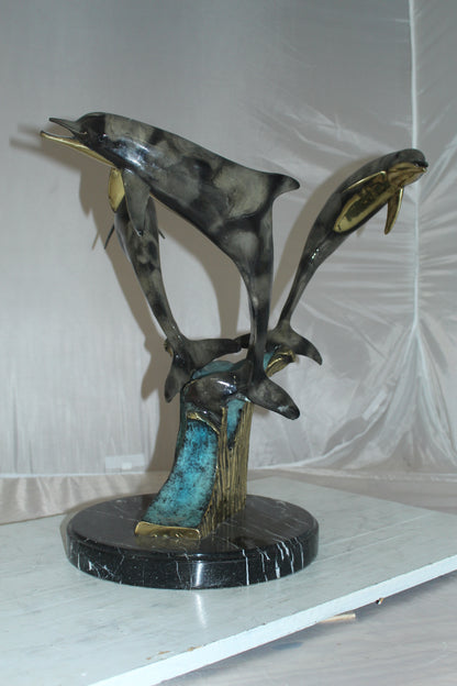 Three Dolphins Table Base Bronze Statue -  Size: 20"L x 20"W x 21"H. 