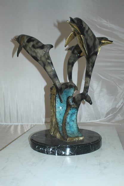 Three Dolphins Table Base Bronze Statue -  Size: 20"L x 20"W x 21"H. 