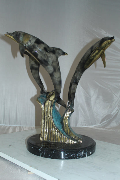 Three Dolphins Table Base Bronze Statue -  Size: 20"L x 20"W x 21"H. 