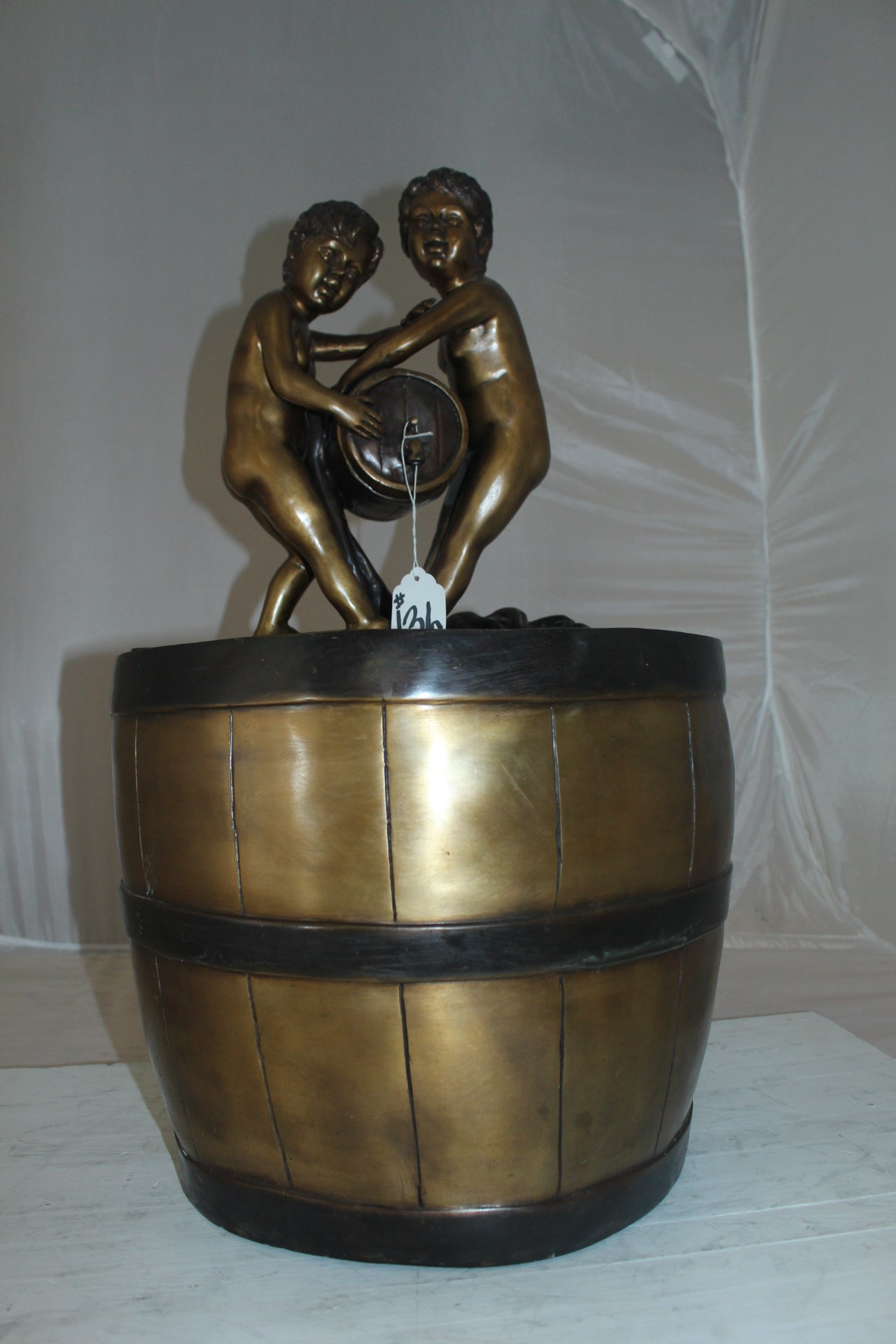 Two boys on a bucket self-contained fountain bronze statue -  16" x 16" x 29"H. 
