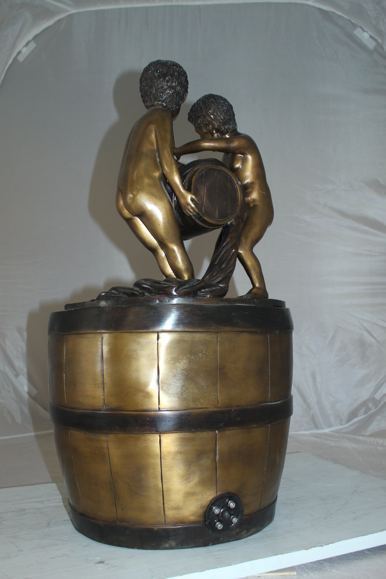 Two boys on a bucket self-contained fountain bronze statue -  16" x 16" x 29"H. 