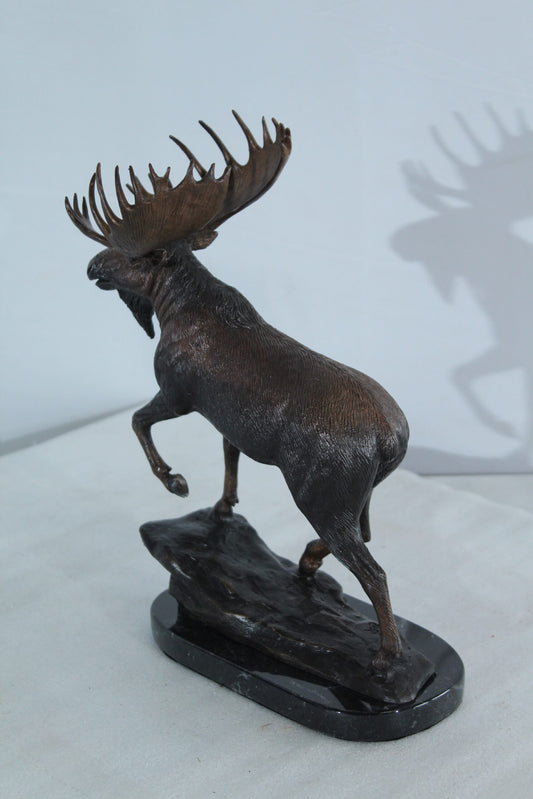 Walking Moose Bronze Sculpture with Marble Base 11" x 4" x 13"H