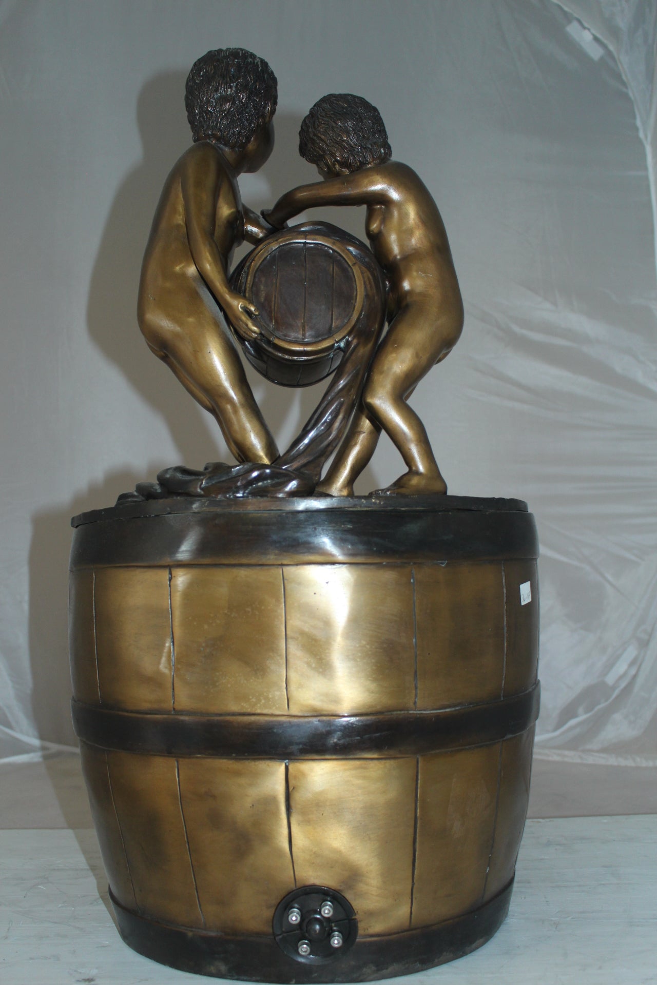 Two boys on a bucket self-contained fountain bronze statue -  16" x 16" x 29"H. 