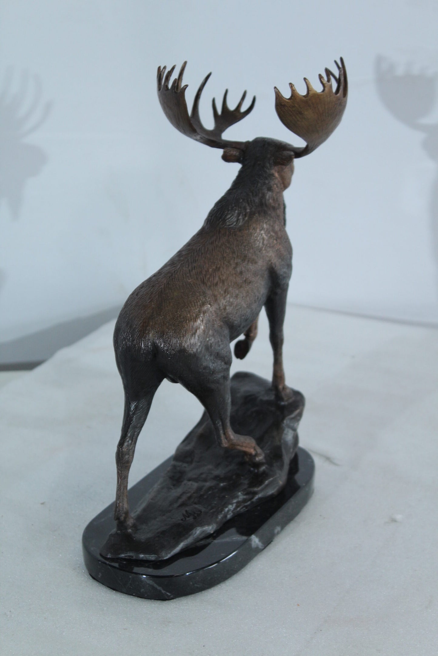 Walking Moose Bronze Sculpture with Marble Base 11" x 4" x 13"H