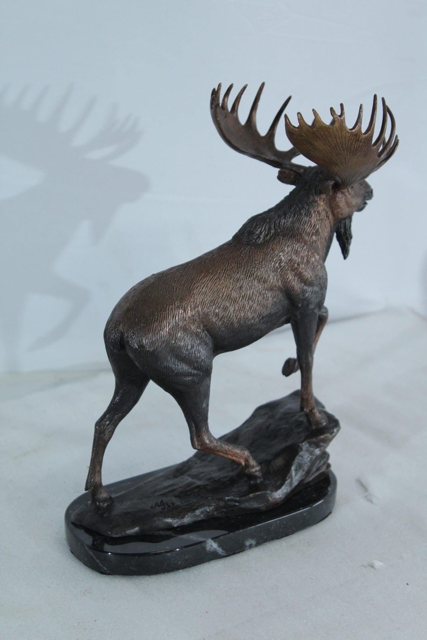 Walking Moose Bronze Sculpture with Marble Base 11" x 4" x 13"H
