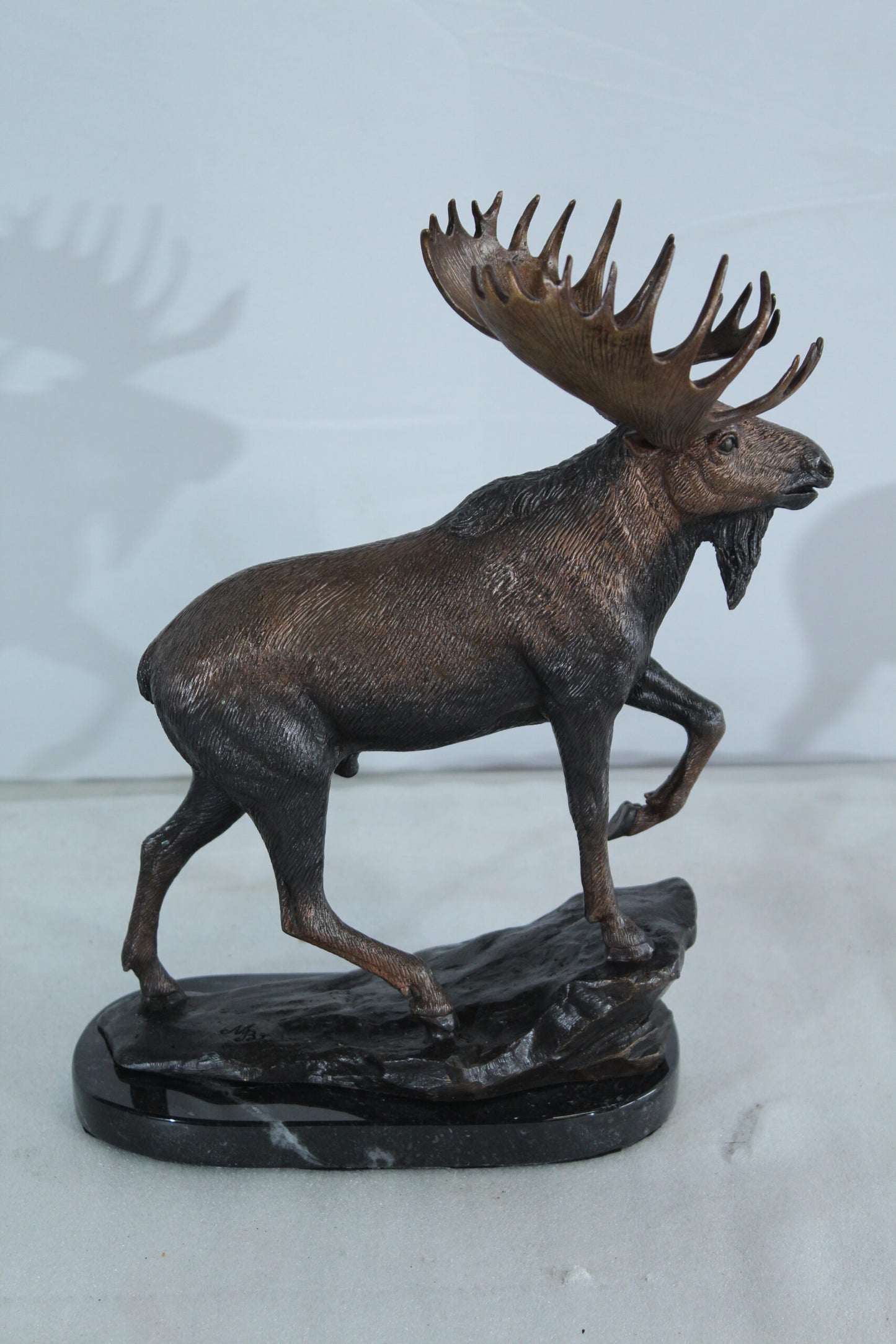 Walking Moose Bronze Sculpture with Marble Base 11" x 4" x 13"H