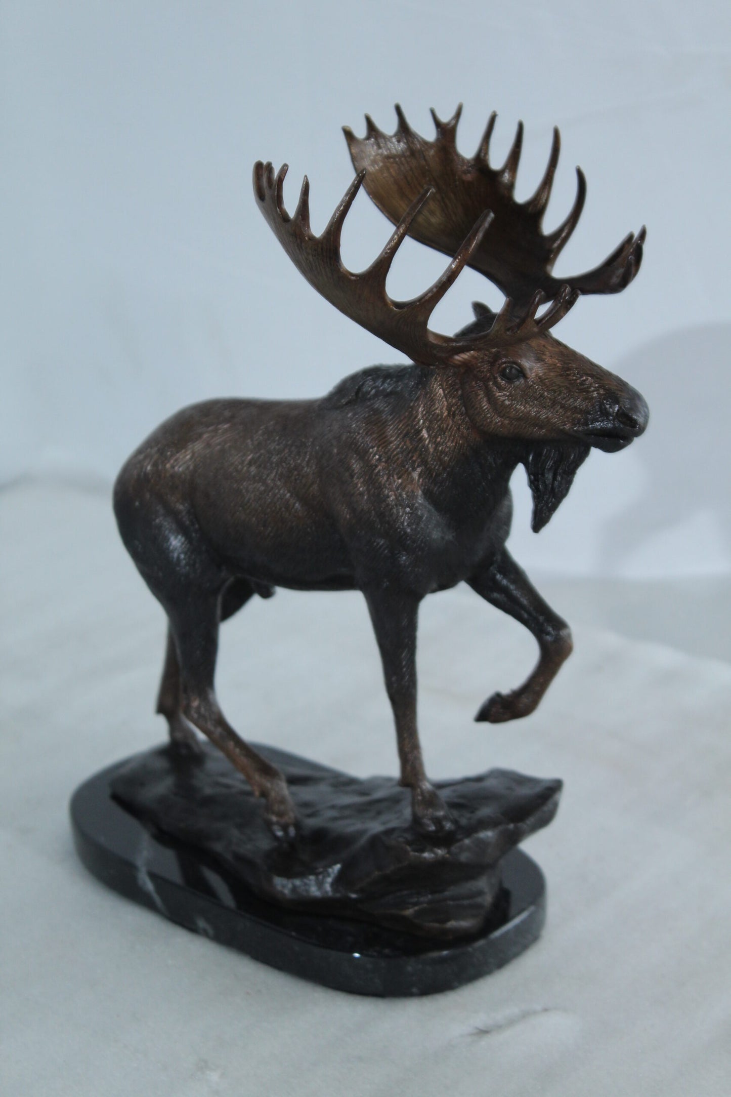 Walking Moose Bronze Sculpture with Marble Base 11" x 4" x 13"H