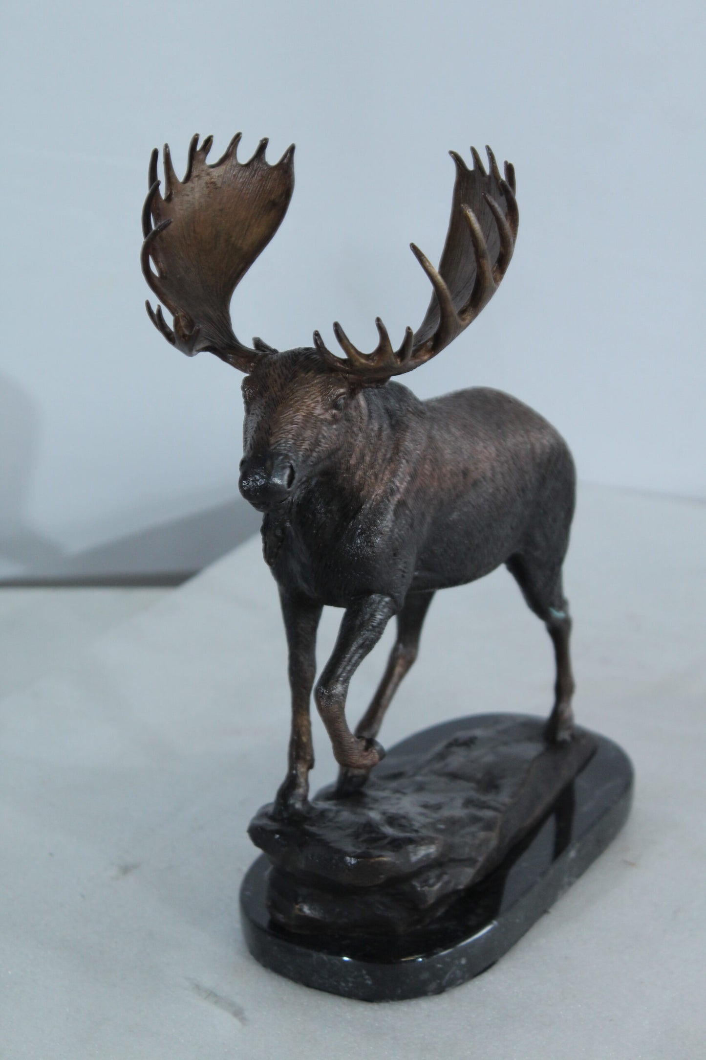 Walking Moose Bronze Sculpture with Marble Base 11" x 4" x 13"H
