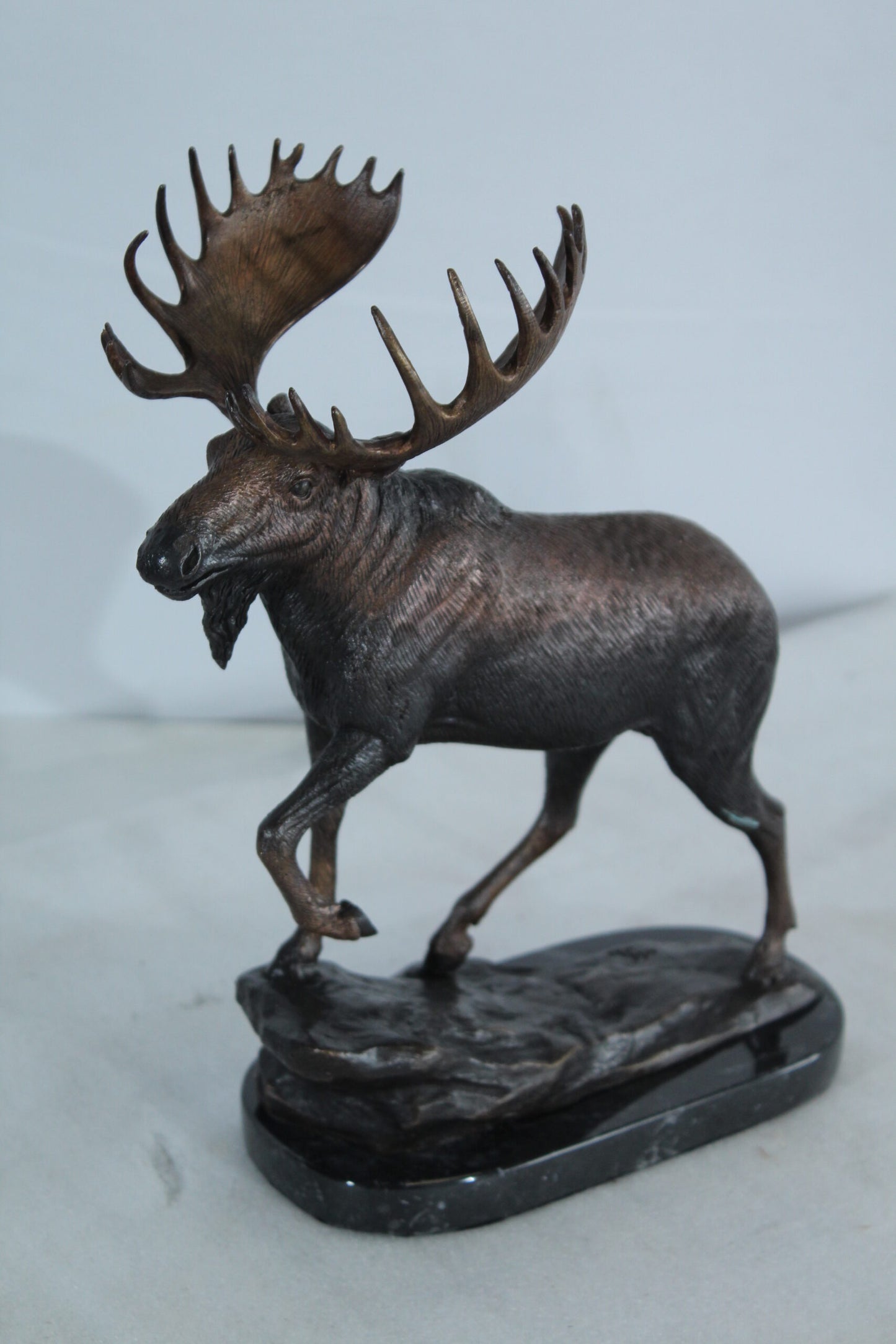 Walking Moose Bronze Sculpture with Marble Base 11" x 4" x 13"H
