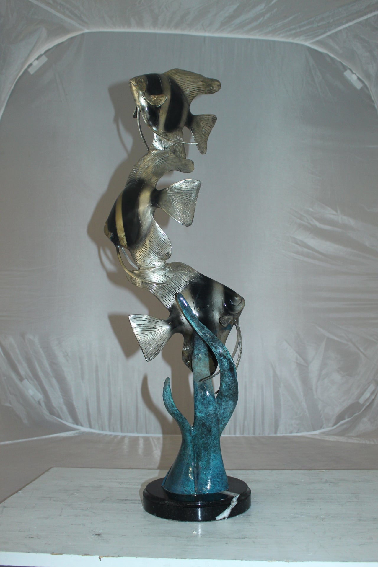 Three Zebra Angelfish Bronze Statue -  Size: 10"L x 10"W x 33"H. 