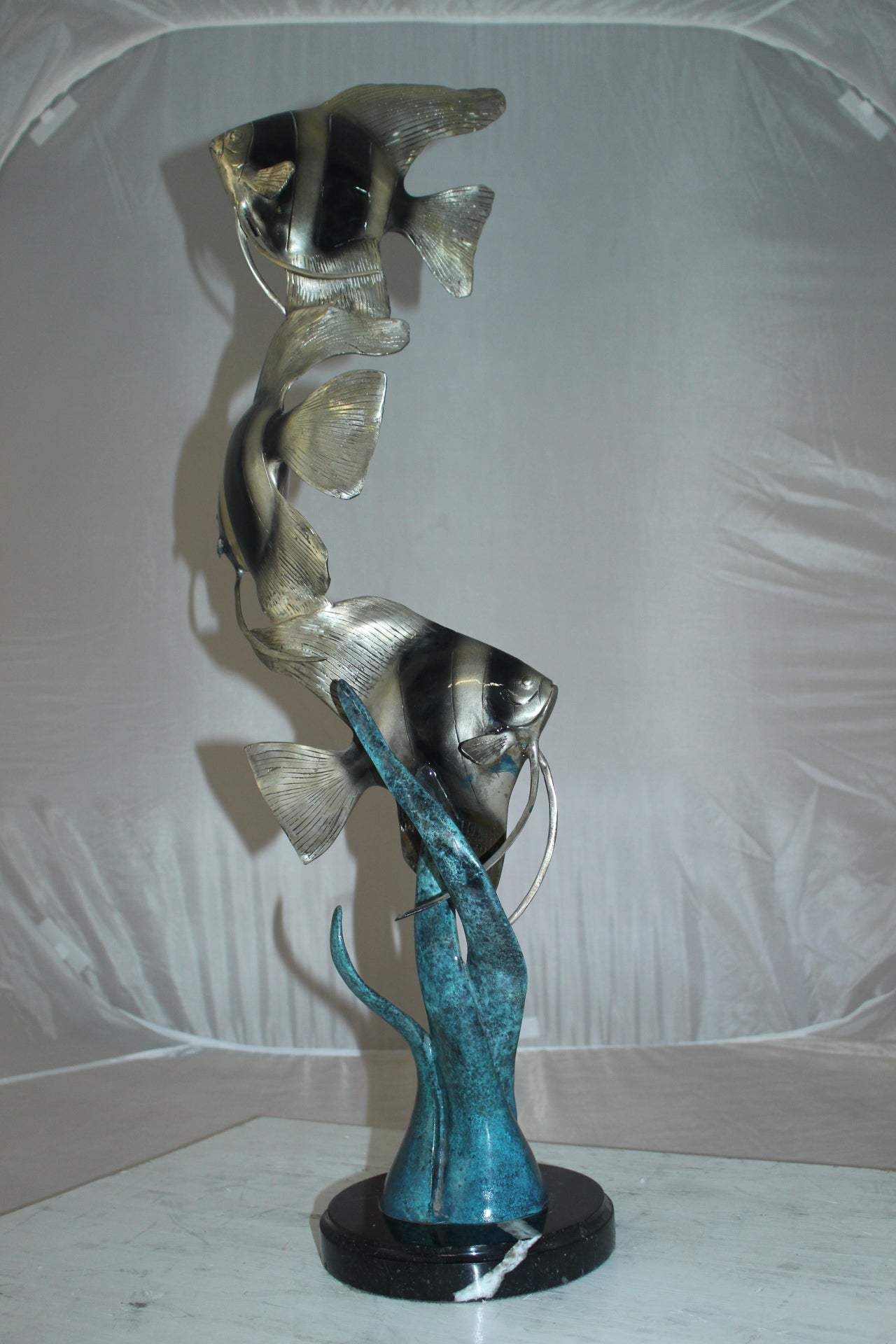 Three Zebra Angelfish Bronze Statue -  Size: 10"L x 10"W x 33"H. 