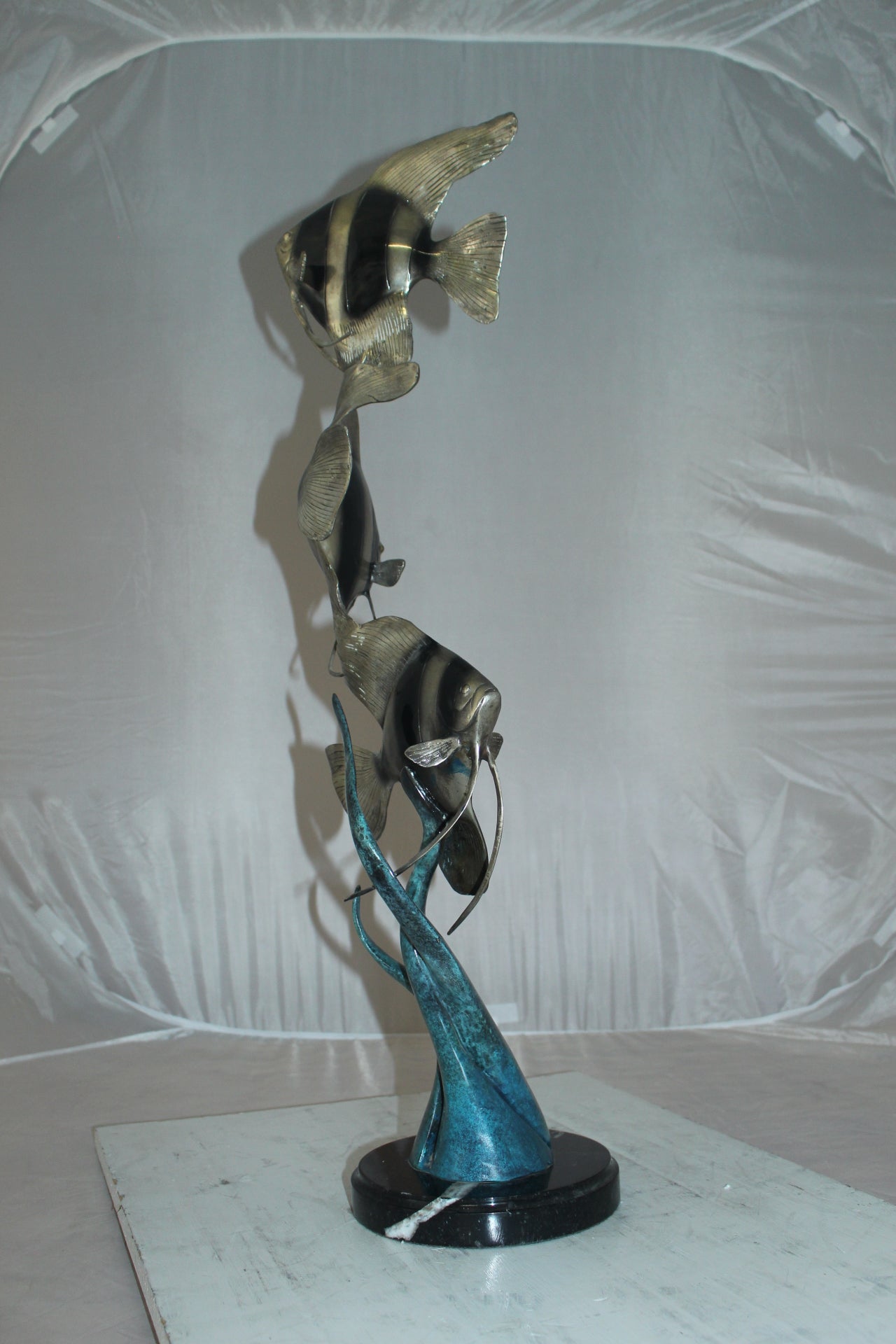 Three Zebra Angelfish Bronze Statue -  Size: 10"L x 10"W x 33"H. 