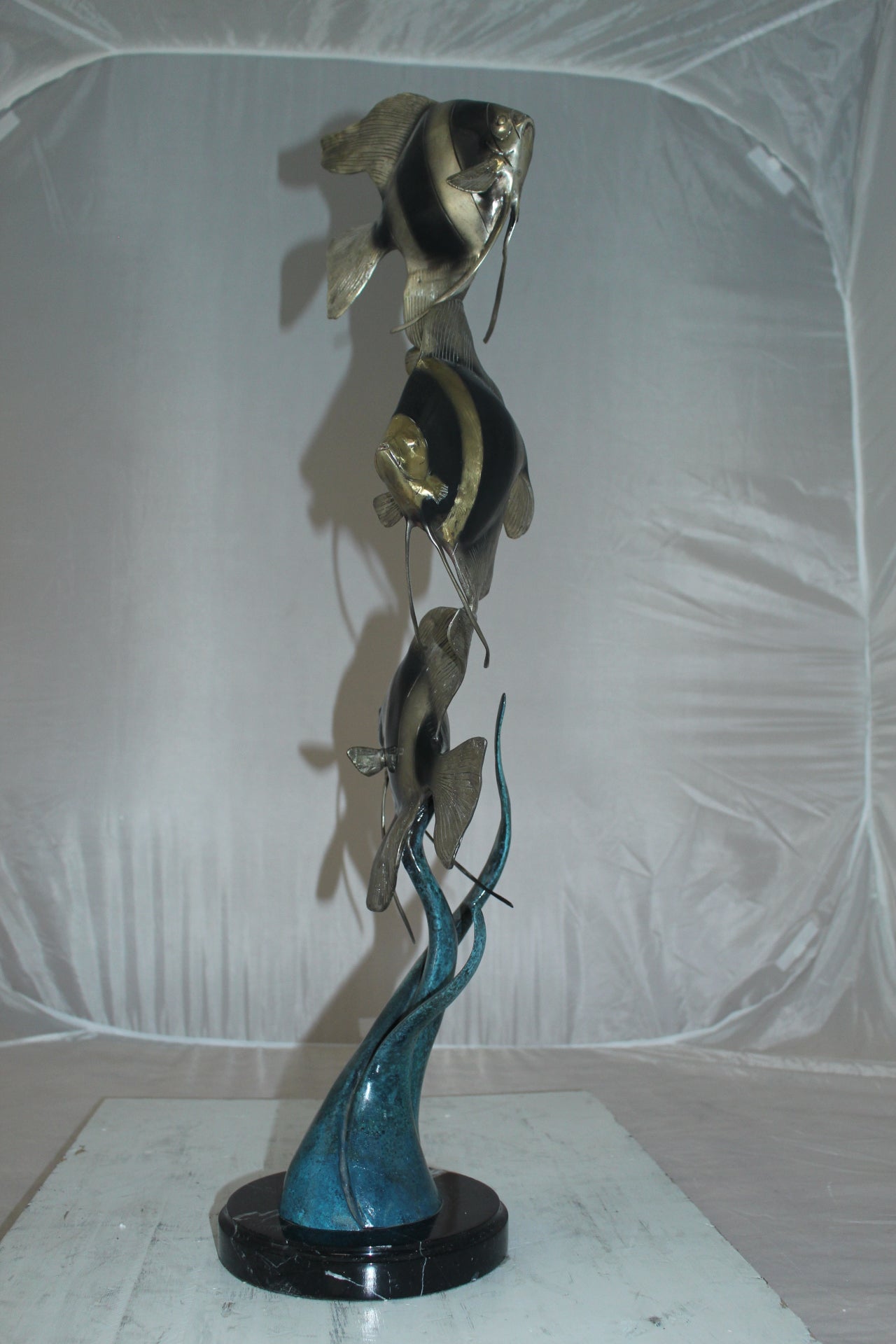 Three Zebra Angelfish Bronze Statue -  Size: 10"L x 10"W x 33"H. 