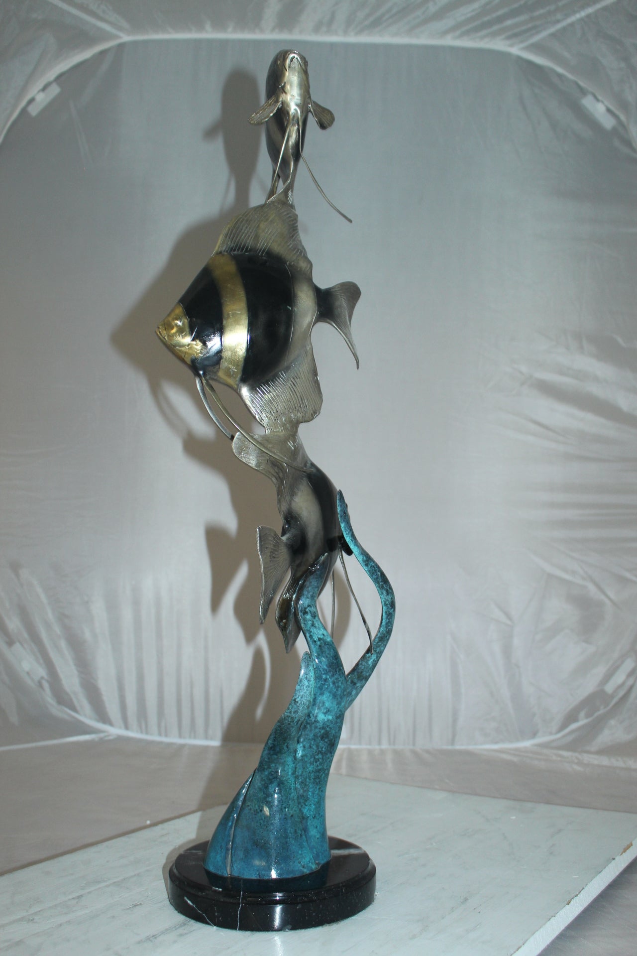 Three Zebra Angelfish Bronze Statue -  Size: 10"L x 10"W x 33"H. 