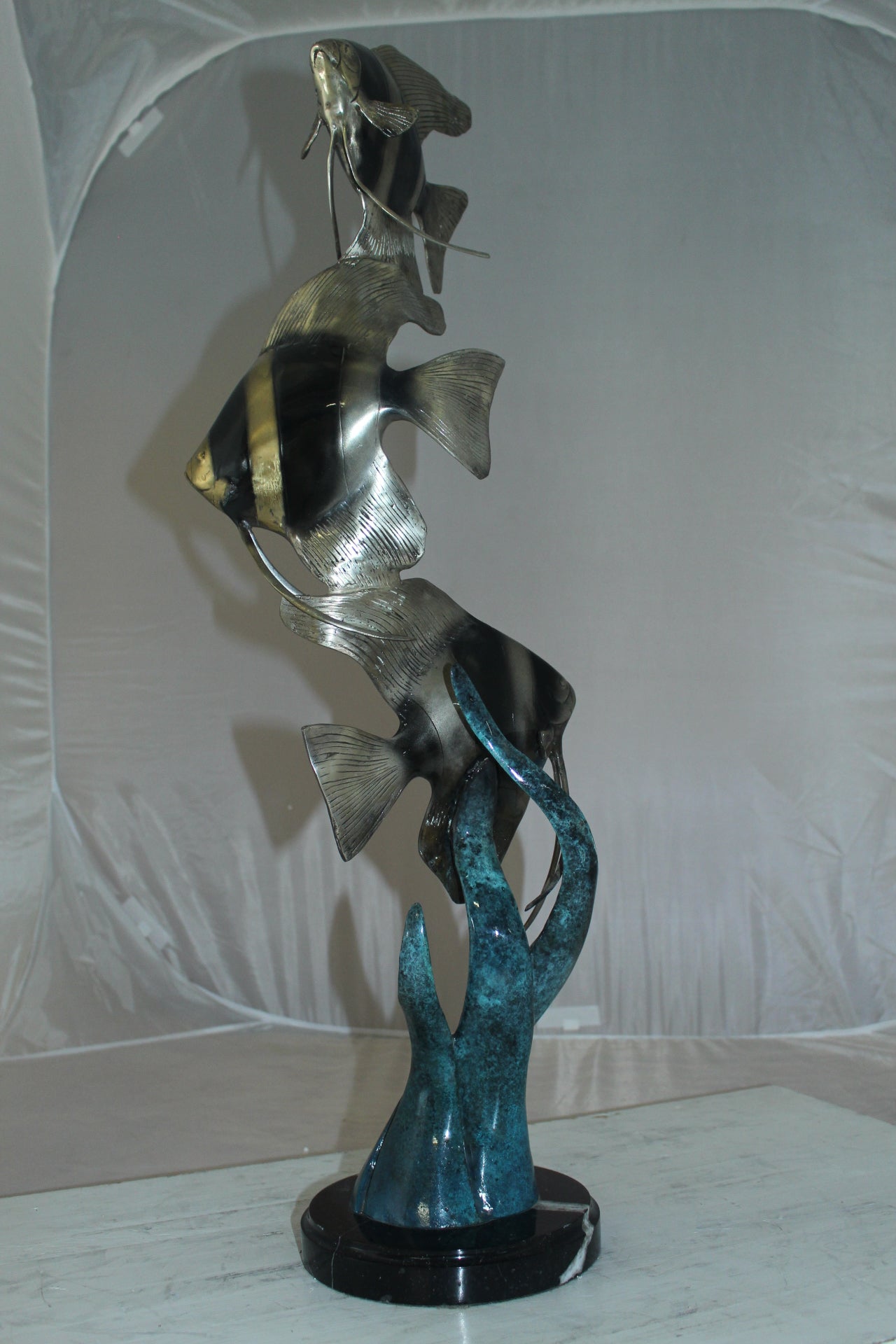 Three Zebra Angelfish Bronze Statue -  Size: 10"L x 10"W x 33"H. 