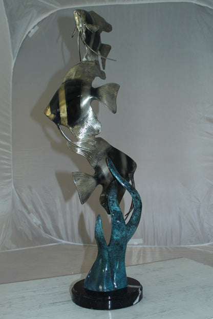 Three Zebra Angelfish Bronze Statue -  Size: 10"L x 10"W x 33"H. 