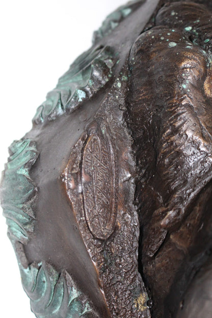 Lion Sitting on Base Bronze Statue -  Size: 13"L x 13"W x 34"H. 