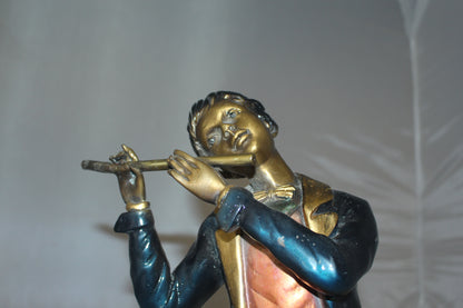 Boy Playing the Flute Bronze Statue -  Size: 5"L x 10"W x 19"H. 